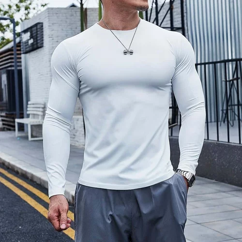 美式速干透气长袖男春秋休闲健身衣服修身弹力运动训练圆领纯上衣