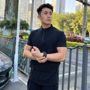 双面绒半拉链短袖 篮球兄弟训练圆领运动T恤保暖上衣 肌肉健身男士