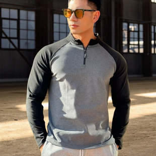 健身长袖 拼色加绒打底运动t恤休闲卫衣德绒半拉链上衣服 男秋冬款