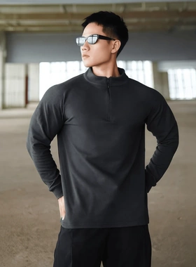 男士立领半拉链款美式秋冬弹力德绒保暖长袖纯色健身打底衫训练服