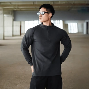 纯色健身打底衫 男士 秋冬弹力德绒保暖长袖 美式 训练服 立领半拉链款