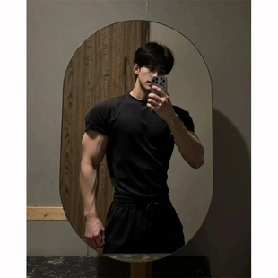 口硬汉三分袖 收紧缩短袖 插肩重磅收腰健身穿搭锻炼T恤男夏季 美式