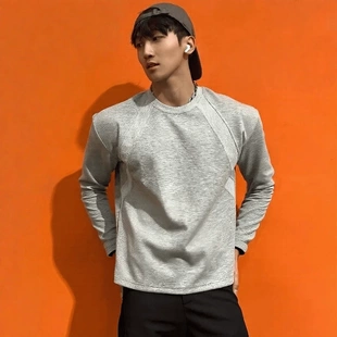秋冬重磅拼接美式 T恤秋季 潮牌休闲运动帅气上衣打底衫 男 解构长袖