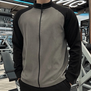 双面绒拉链圆领拼接长袖 肌肉健身男休闲兄弟训练运动T恤上衣