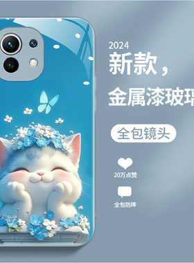 适用于小米11手机壳mi11pro/11ultra新款M2101K9C软边玻璃壳xiaomi11lite卡通M2102K1AC创意猫咪M2011K2C女潮