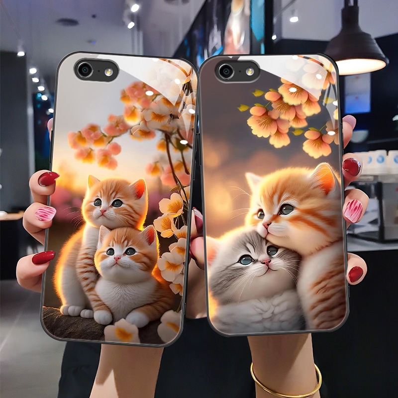 时尚卡通猫咪钢化玻璃手机壳