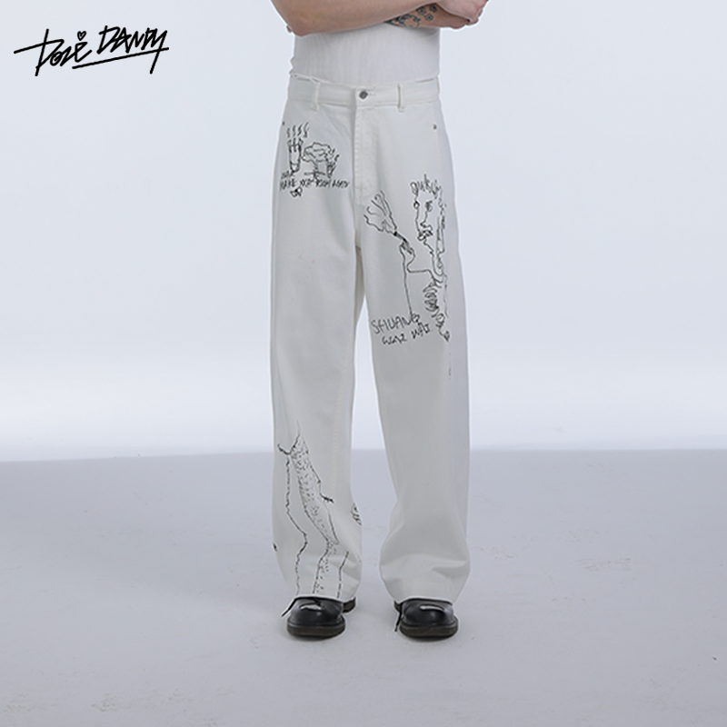DozeDandy涂鸦印花直筒白牛仔裤