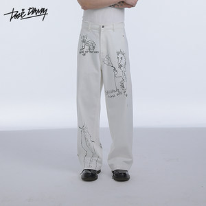 DozeDandy涂鸦印花直筒白牛仔裤