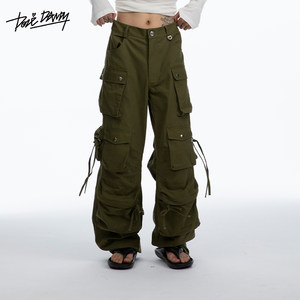 纯色帆布多口袋工装长裤