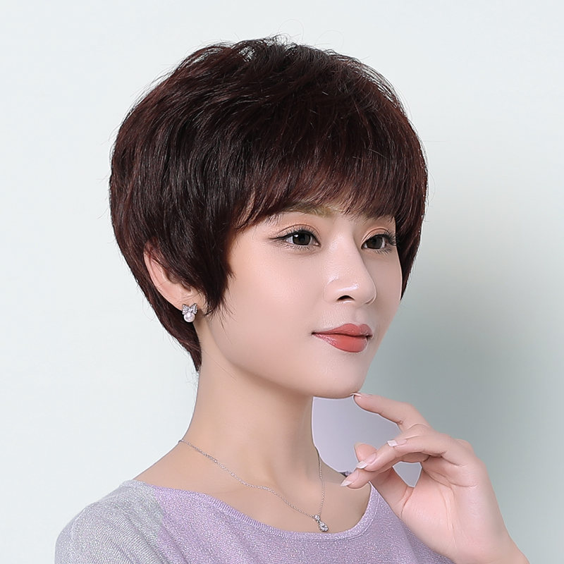 新款高档假发短发女真人发丝发套真发全头套自然假头发妈妈中老年
