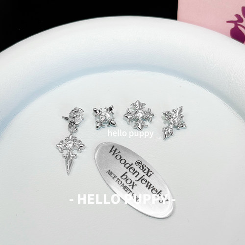 hellopuppy复古鸢尾花十字架钛合金耳饰0.9牙1.0/1.2粗耳骨钉耳钉