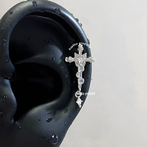 hellopuppy荆棘玫瑰十字架耳骨钉耳饰小众设计蝴蝶耳钉医用钛钢女