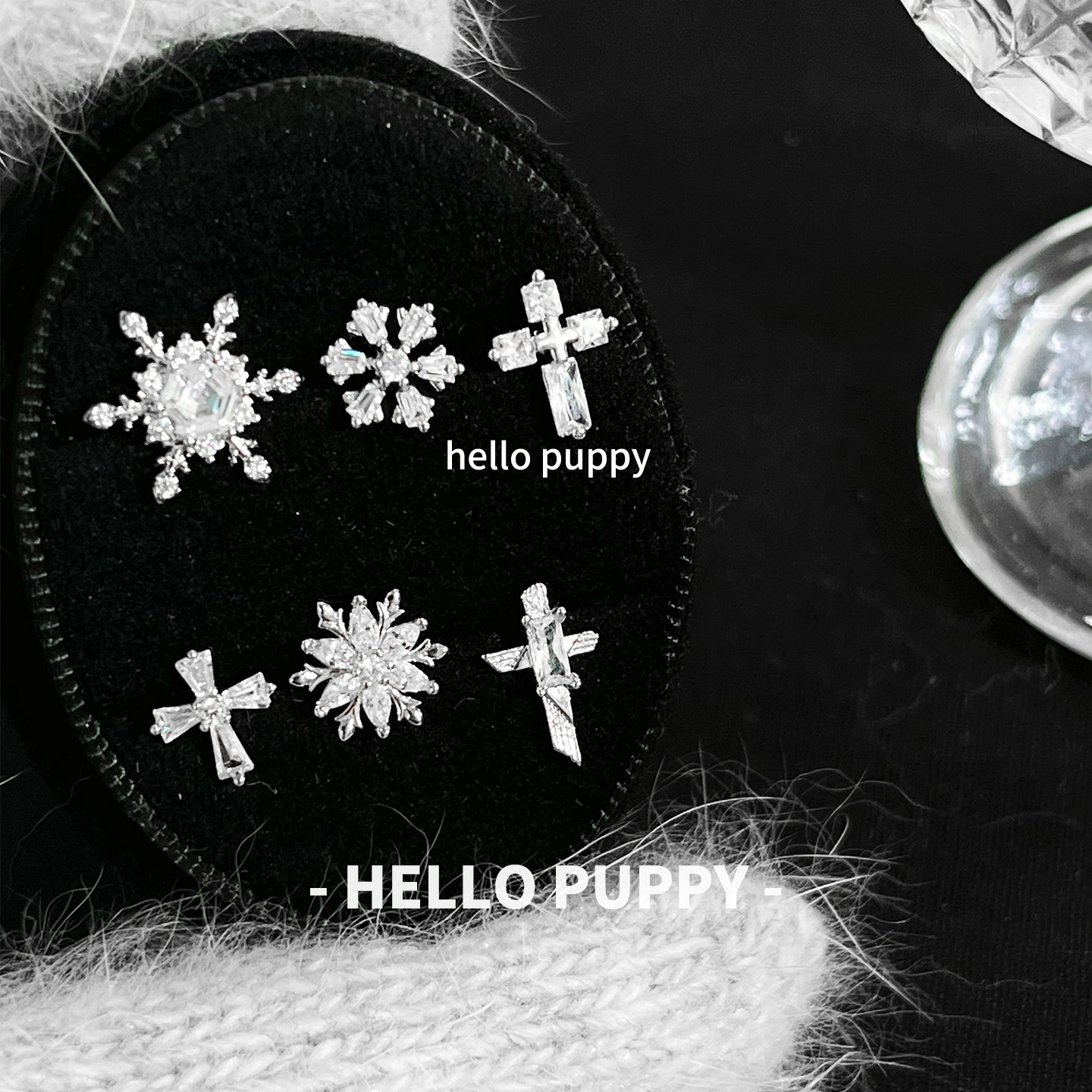 hellopuppy爆闪冰晶雪花十字架钛合金直针内螺旋耳钉耳蜗耳骨钉