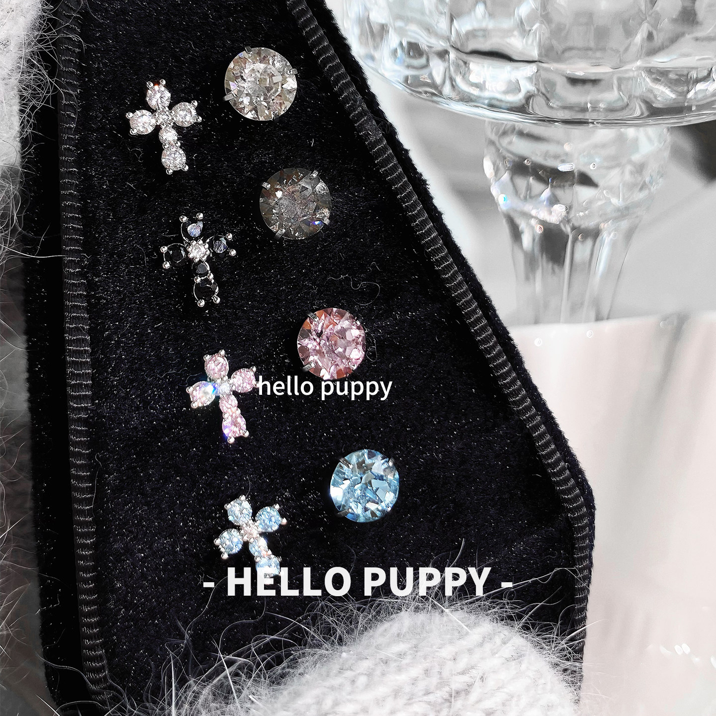 hellopuppy超闪十字架双耳洞叠戴施家华子钛钢耳骨钉百搭耳钉耳饰