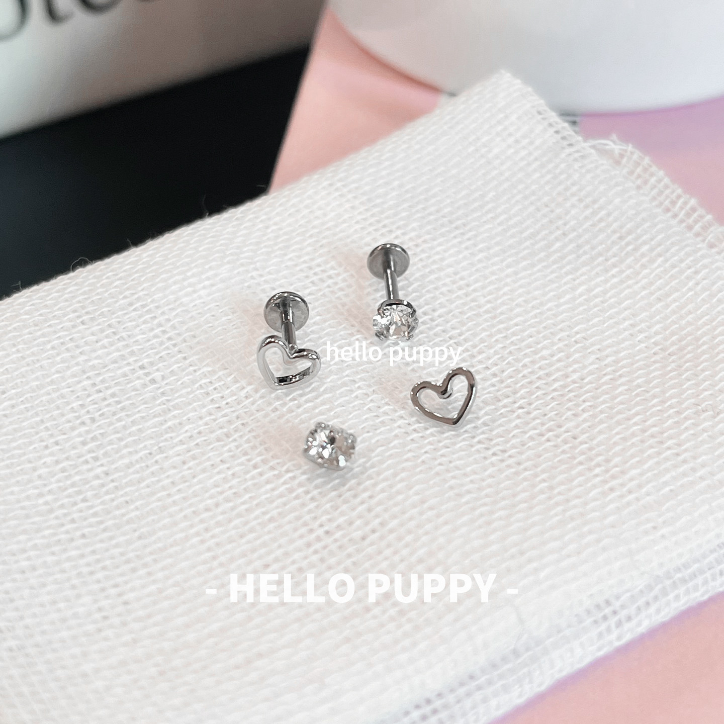 hellopuppy简约镂空爱心华子耳饰钛合金0.9牙1.0/1.2粗耳骨钉耳钉