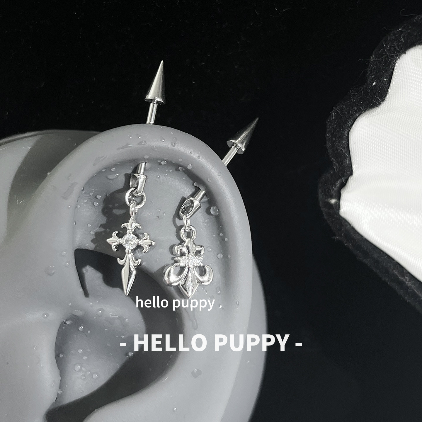 hellopuppy重工十字架吊坠钛合金0.9牙内螺旋恶魔钉耳轮钉耳钉女图片