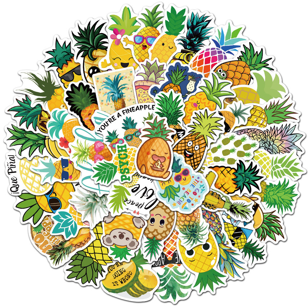50张创意卡通菠萝贴纸可爱水果防水贴画装饰笔记本滑板车冰箱水杯