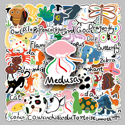 50张跨境卡通动物彩色涂鸦英文可爱头盔原创防水装饰水杯手账早教