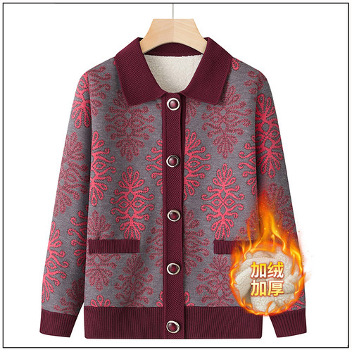 中老年人女针织衫外套加绒上衣