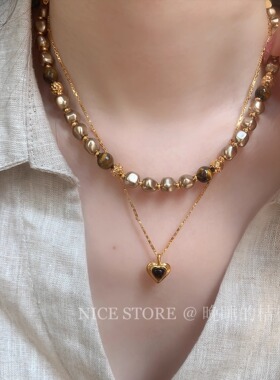 售完无补「涧山」高级感贵气不规则咖啡金珍珠虎石项链爱心项链