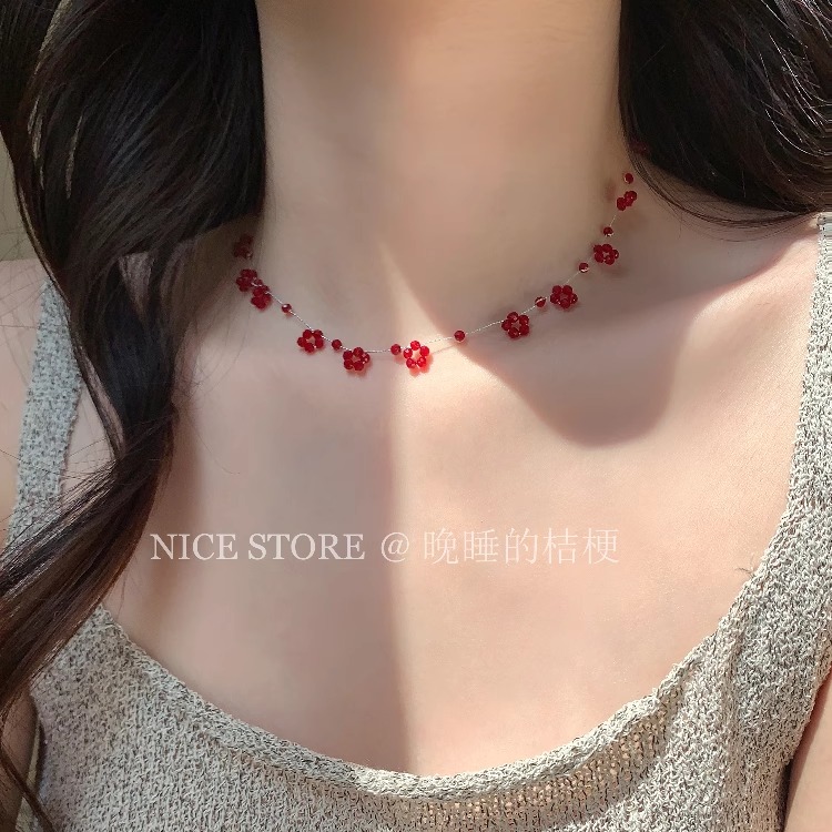 晚睡的桔梗I红色多切面串珠项链