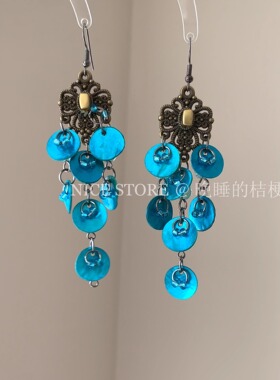 晚睡的桔梗「缚光蓝」复古异域蓝色长款耳环波西米亚民族背个耳饰