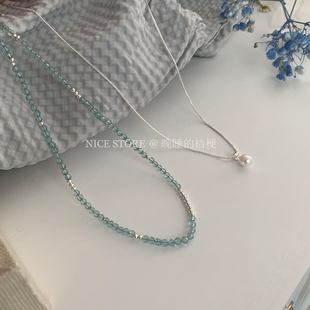 晚睡的桔梗「白茶清欢」夏日清透蓝银珠项链串珠小众百搭叠戴颈链