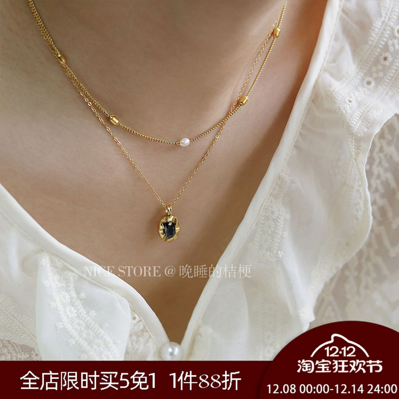 晚睡的桔梗｜法式黑钻椭圆项链