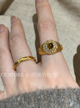 晚睡的桔梗「深情眼」复古虎石精致百搭戒指ins精致斜纹食指戒