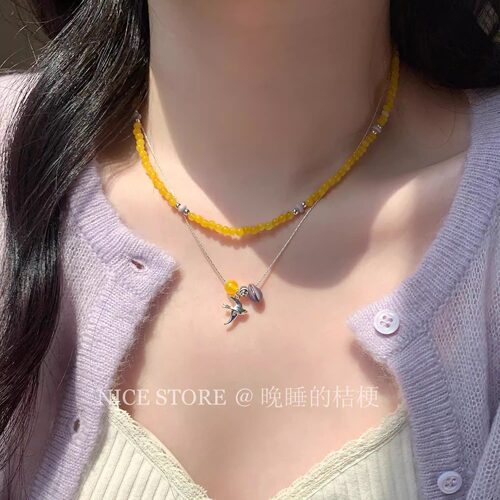 晚睡的桔梗|天然石串珠飞燕项链