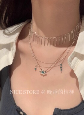 晚睡的桔梗I水蓝花朵多层项链