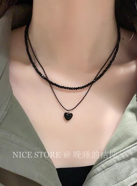 晚睡的桔梗「万枝」小众设计感黑色双层爱心项链叠戴精致锁骨链