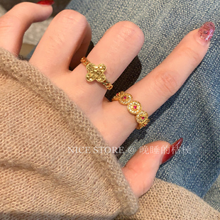 晚睡的桔梗「布亚」沙金幸运草新中式百搭戒指花朵精致食指戒套装