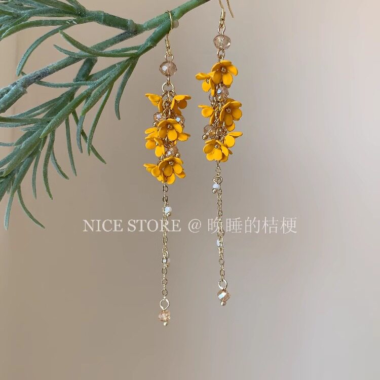 晚睡的桔梗「迎春」超仙长款桂花流苏耳环森系小清新长款度假耳夹
