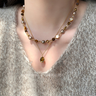 晚睡的桔梗「焦糖可可」美拉德天然虎眼石项链秋冬百搭吊坠毛衣链