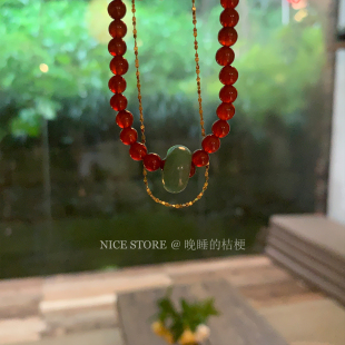 晚睡的桔梗「绯霞韵」新中式玛瑙红色玉石圆珠手串钛钢星闪手链女