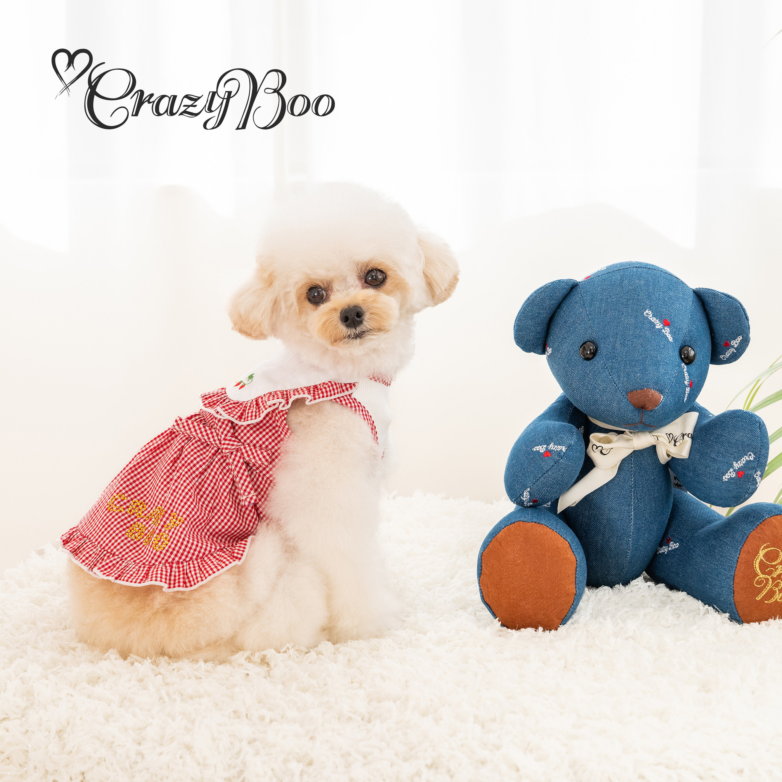 可吉步Crazy Boo日本品牌宠物服 草莓格纹连衣裙 刺绣田园风闪钻