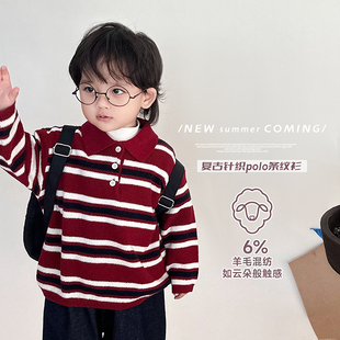 阿小轩童装2025秋冬新款【亨特红】儿童Polo领保暖条纹毛衣