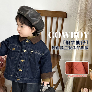 阿小轩童装2025冬季新款【很牛的仔】儿童加绒工装牛仔外套棉服潮