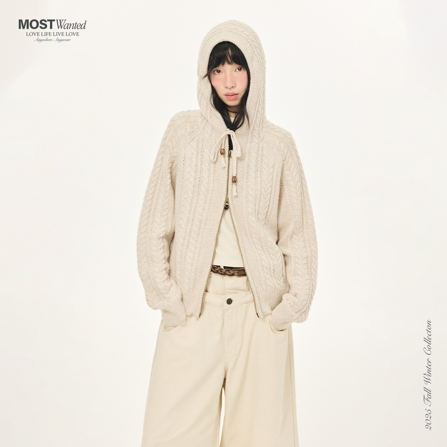 mostwanted羊毛混纺绞花连帽慵懒高级感开衫毛衣外套2025秋季新款