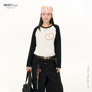 mostwanted涂鸦苹果印花烫钻插肩撞色长袖 立体爱心APPLE显瘦T恤女