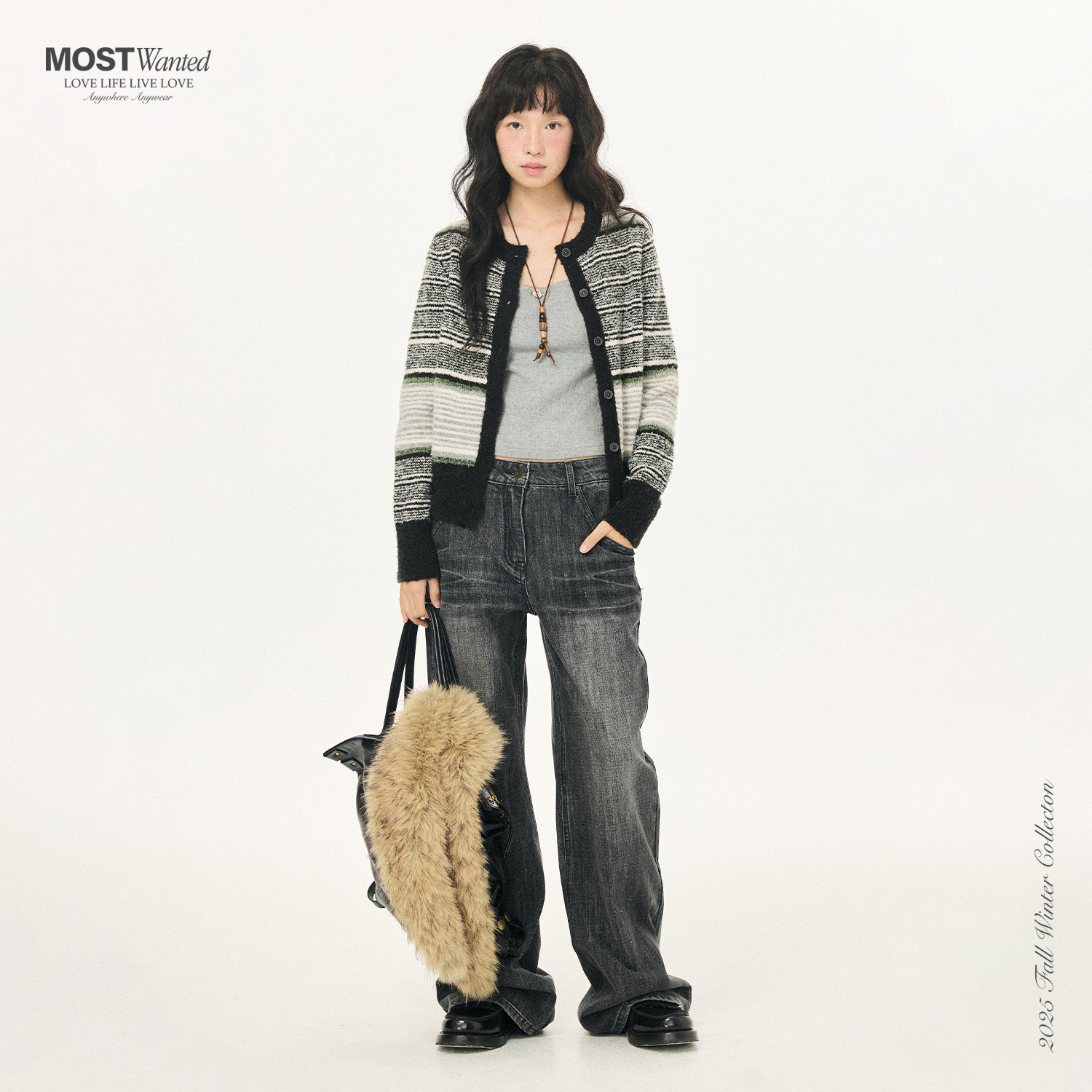 mostwanted圈圈纱撞色条纹毛织合身毛衣开衫外套女2025秋季新款