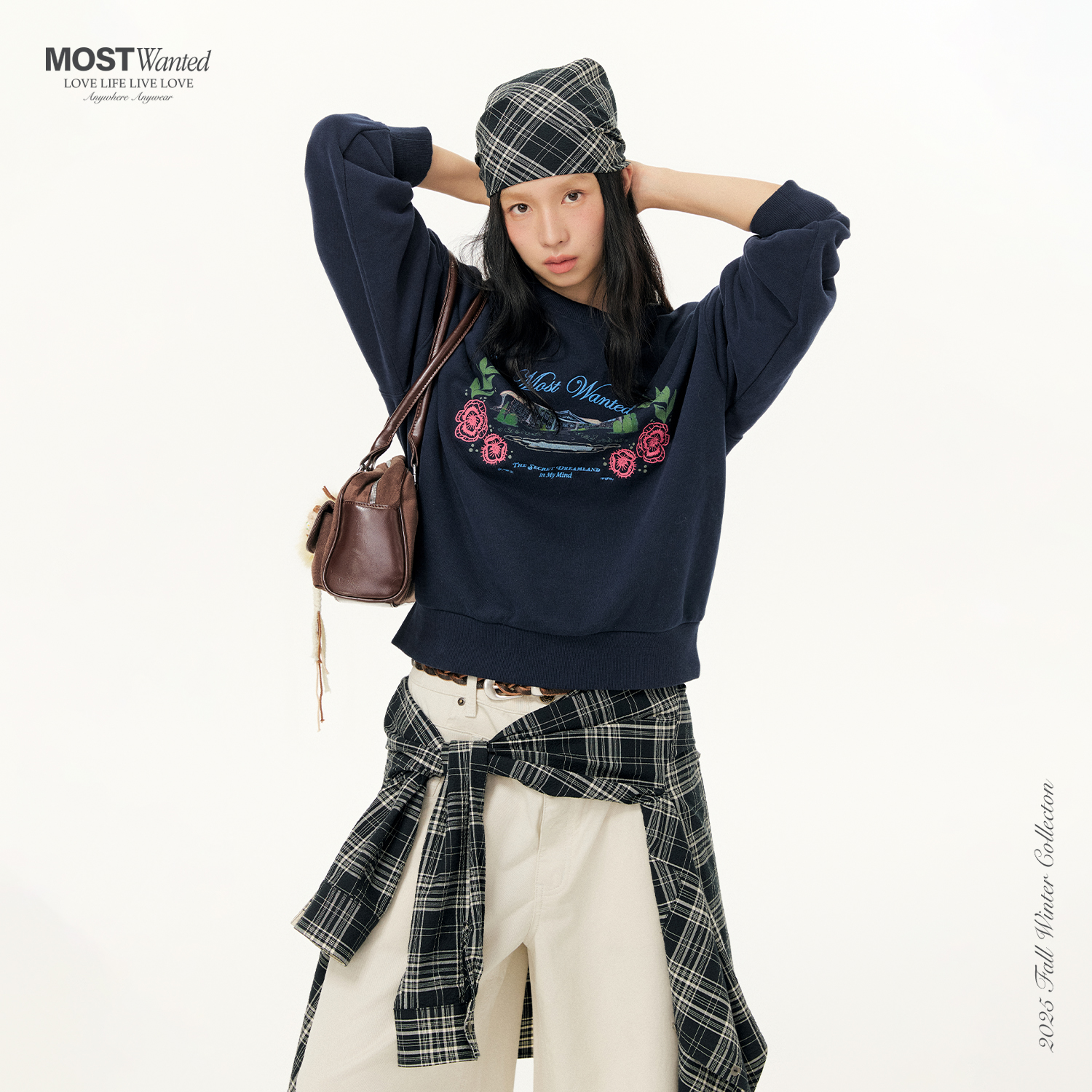 mostwanted水彩小花印绣花圆领薄绒卫衣植物系常春藤通勤宽松长袖