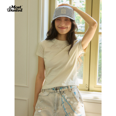 mostwanted天丝麻手绘花体字正肩圆领短袖