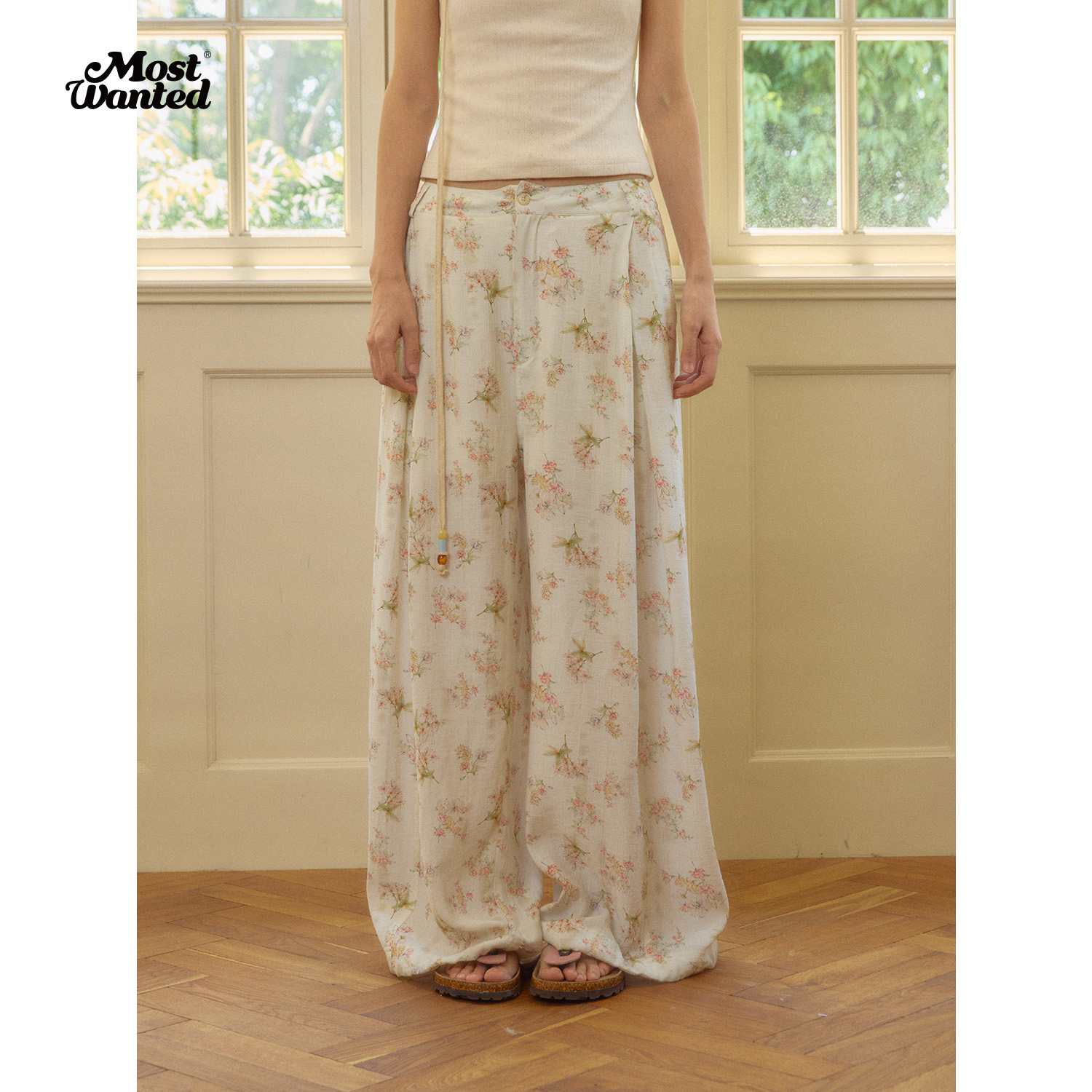 mostwanted水彩花束手绘满印人棉结构长裤夏季宽松通勤法式休闲裤
