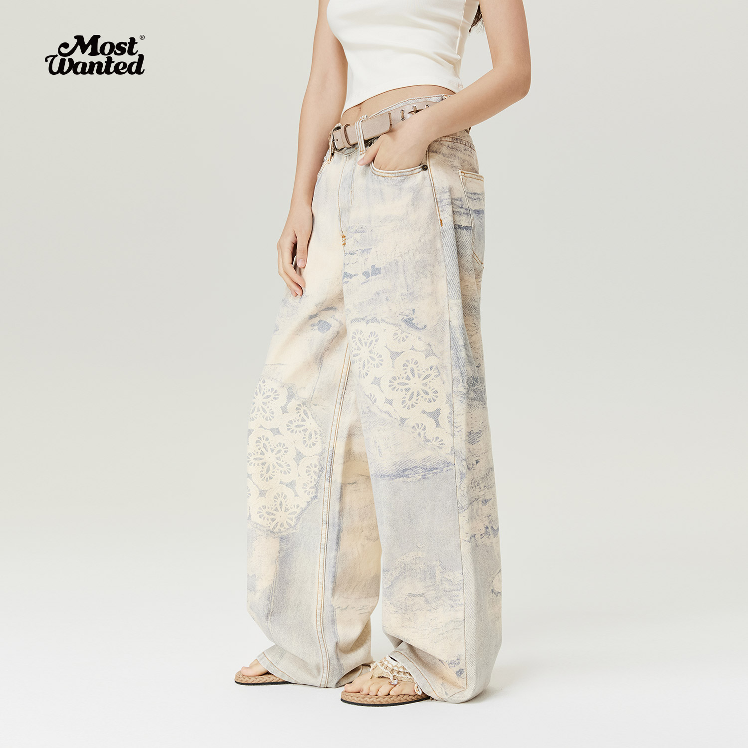 钩针破坏水洗冷转印牛仔裤长裤