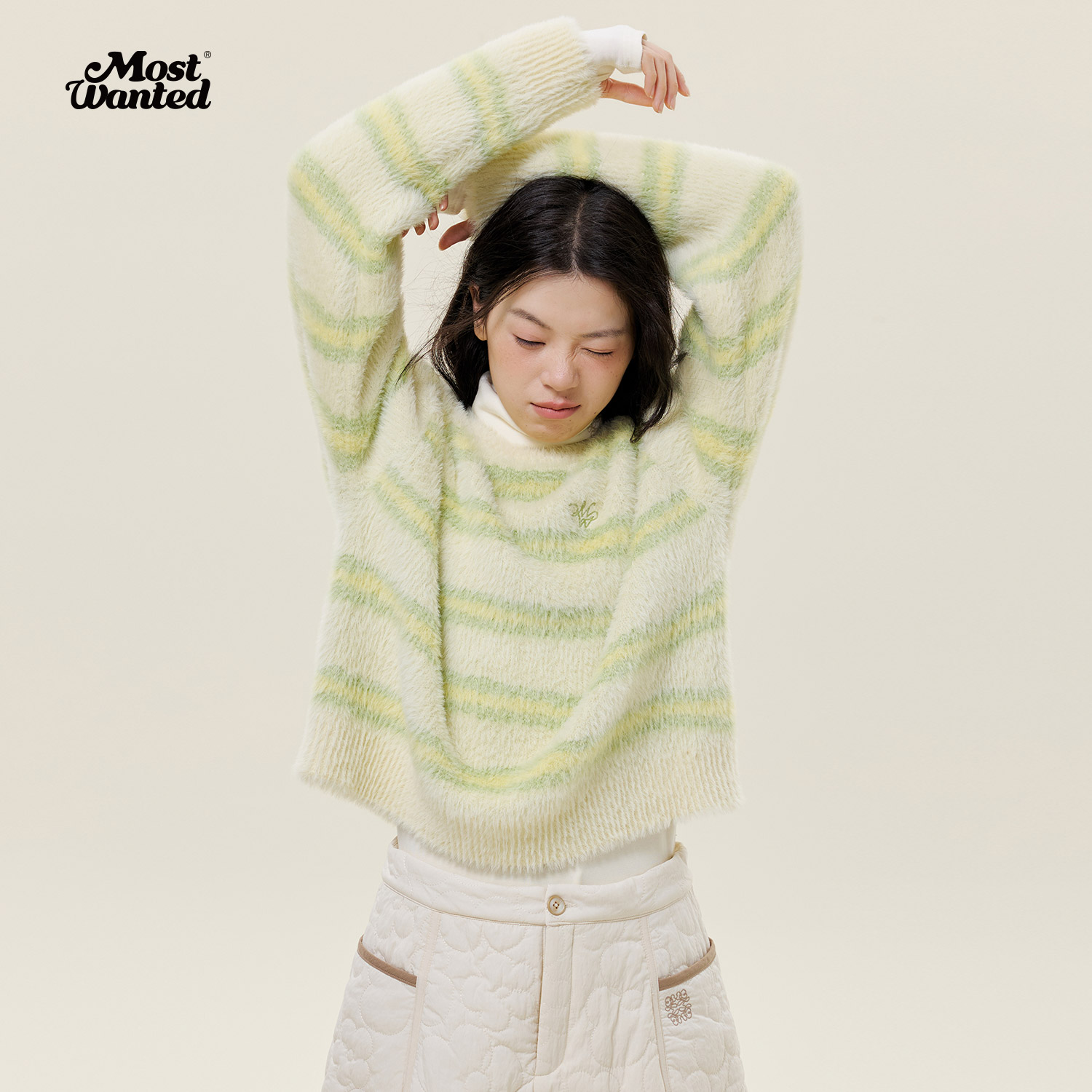 mostwanted 仿貂毛不规则晕染条纹圆领毛衣外套女春秋新款