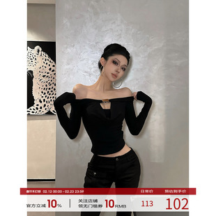 福尔尼斯悦 一字肩长袖上衣女2025冬季新款性感镂空荡领打底衫T恤