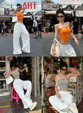 FORNIS 辣妹一字肩抹胸上衣慵懒松弛阔腿裤F25Y50092+F26K50098