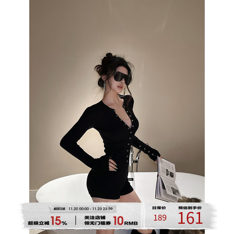 福尔尼斯悦 辣妹风连身连衣裤2025冬季新款黑色内搭修身连体裤